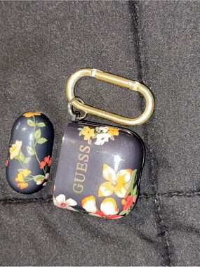 GUESS Navy Floral AirPod Case with Gold Carabiner